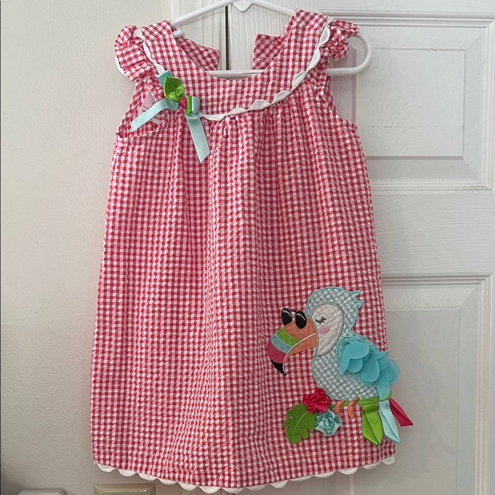Bonnie Jean Pink Checkered Dress with Bird Accent